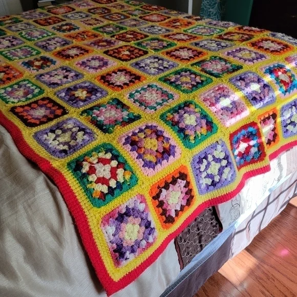 Vintage Granny Square Afghan Throw Blanket Rainbow Multi color Boho Handmade - Picture 5 of 14